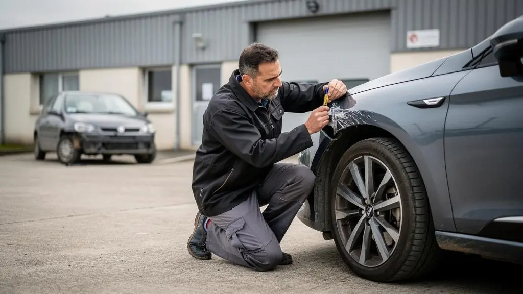 Un expert automobile mesure l'épaisseur d'un panneau de carrosserie sur un véhicule accidenté dans une cour d'expertise.