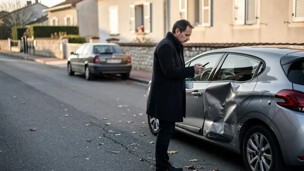 Un expert automobile photographie les dégâts sur la portière arrière d'une voiture accidentée en bord de route.