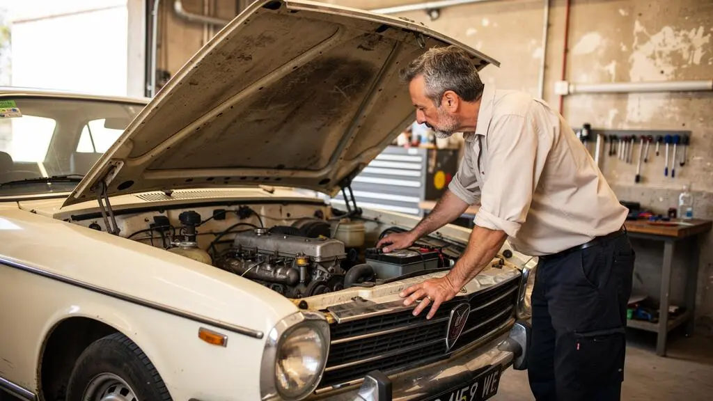 Un expert inspecte le compartiment moteur d'une voiture de collection dans un garage.